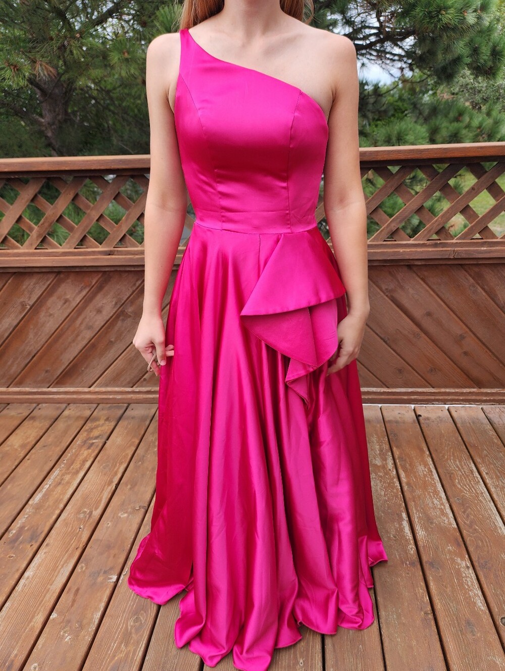 Jovani One-Shoulder Hot Pink Satin Prom Dress